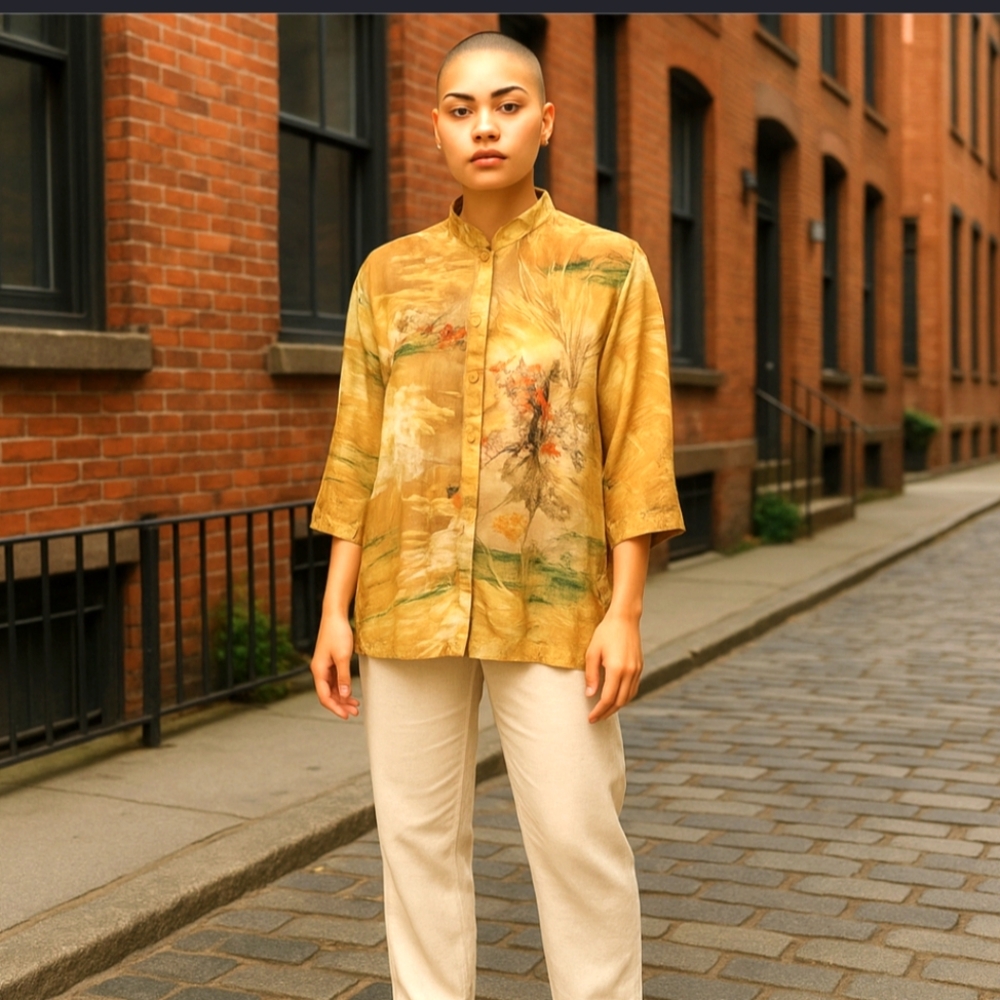 Citron Santa Monica Yellow Asian Watercolor Design Button Down Blouse